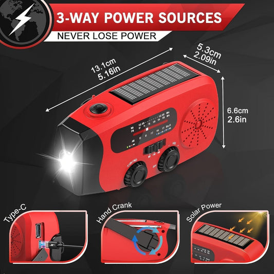 NOAA Emergency Weather Radio Solar Hand Crank with 2000mAh Power Bank & LED Flashlight – AM/FM/NOAA Portable Survival Radio, USB Charging, Solar Powered, Hurricane & Winter Storm Preparedness Gear