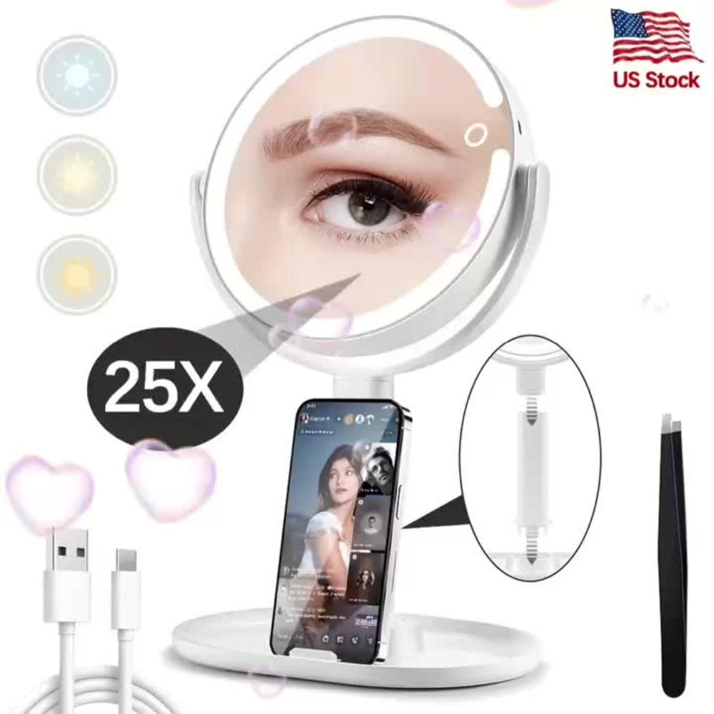 Rechargeable Lighted Makeup Mirror 25X Magnifying 80 LED Vanity Mirror - 3 Color Lighting Modes, Touch Control, Double Sided 8 Inch 2000mAh Battery Makeup Mirror for Women Desk Bedroom Gift