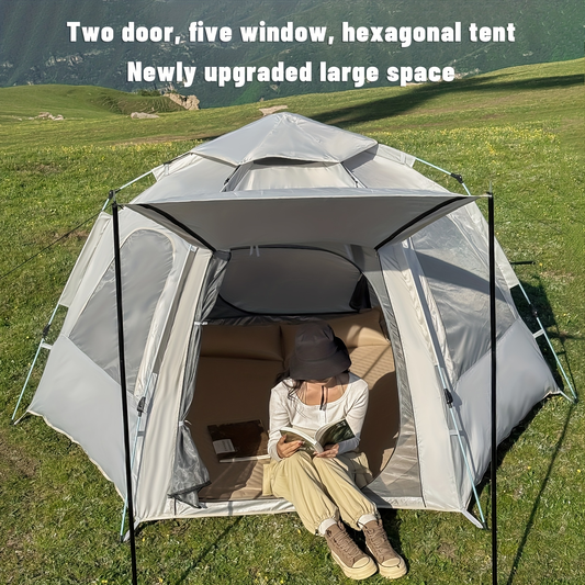Camping Tent 4-6 Person Hexagonal Quick-Open Oxford Shelter with Vestibule and Included Stakes