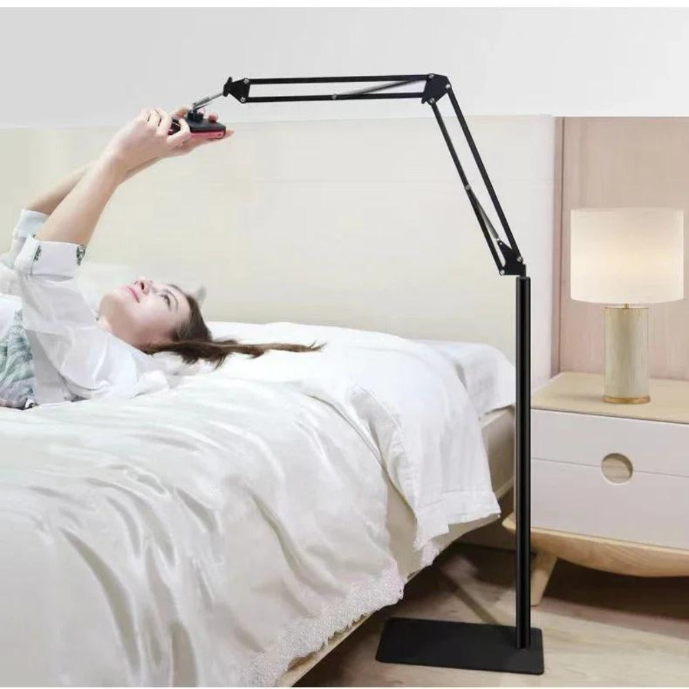 Floor-Standing Phone and Tablet Holder with Articulating Arm, Rotating Clamp and Exact 68.9-Inch Option
