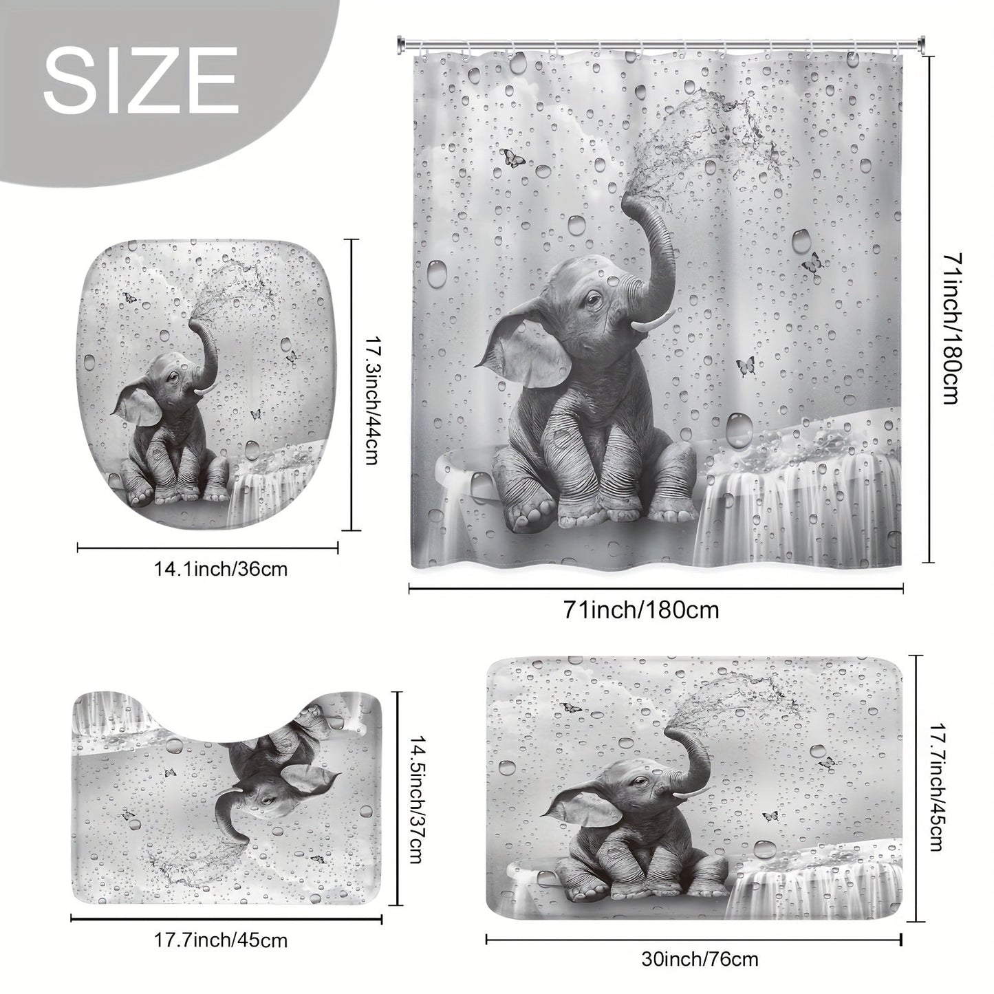 Shower Curtain Set Funny Elephant Bathroom Decor with Hooks Anti-Slip Floor Mat Toilet U-Shaped Mat African Wildlife Bath Decor Gray
