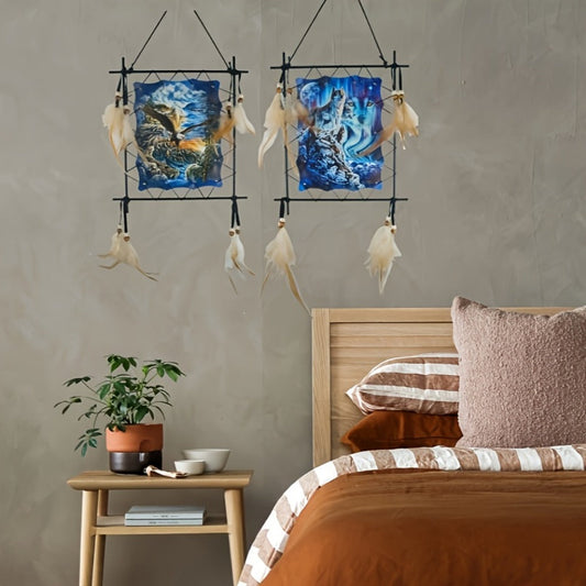 Wolf Eagle Dream Catcher Wall Art 2pcs Canvas Print Boho Native American Totem Hanging Decor with Feathers Wooden Beads Vintage Iron Frame for Living Room Bedroom Entryway TV Background