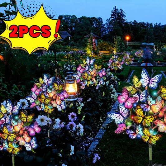 Solar Butterfly Garden Stake Lights Outdoor Waterproof IP65 – 2pcs Colorful LED Solar Powered Lawn Insert Lights for Garden, Courtyard & Patio | Christmas Holiday Yard Decoration Ground Lights