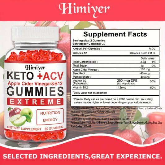 Dietary Supplement Apple Cider Vinegar Gummies with Vitamins B12 and B6 in One- or Three-Pack Options