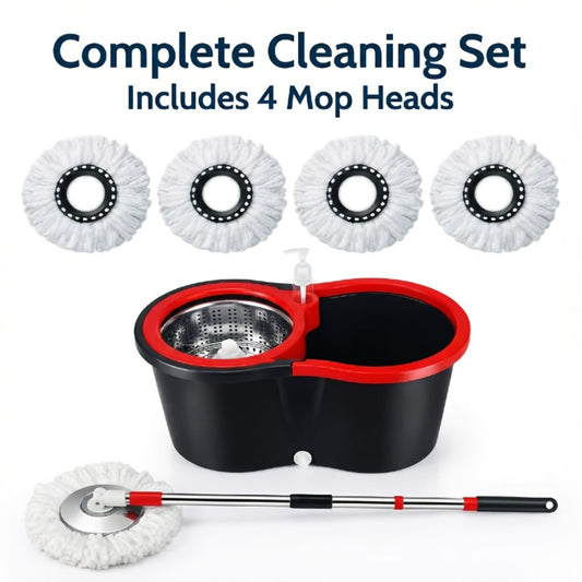 Spin Mop and Bucket Set 360° with 4 Microfiber Mop Heads – Wringer Bucket Floor Cleaning Kit for Hardwood Tile Laminate – Spinning Mop System Home Kitchen