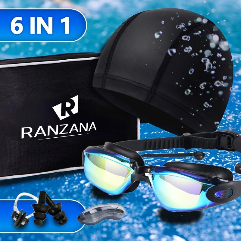 Iridescent-Lens Swim Goggles Set with Adjustable Split Strap, Swim Cap, Hard Case and Small Accessories