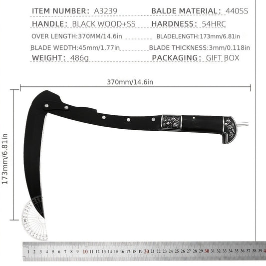 Folding Sickle Stainless Steel Flat Edge Blade with Black Wood Handle & Double Bolsters, Portable Weeding Scythe with Nylon Case for Gardening, Camping and Outdoor Survival