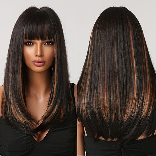 Synthetic Wig 24-Inch Dark Brown Straight Headband Style with Bangs and No-Lace Glueless Cap