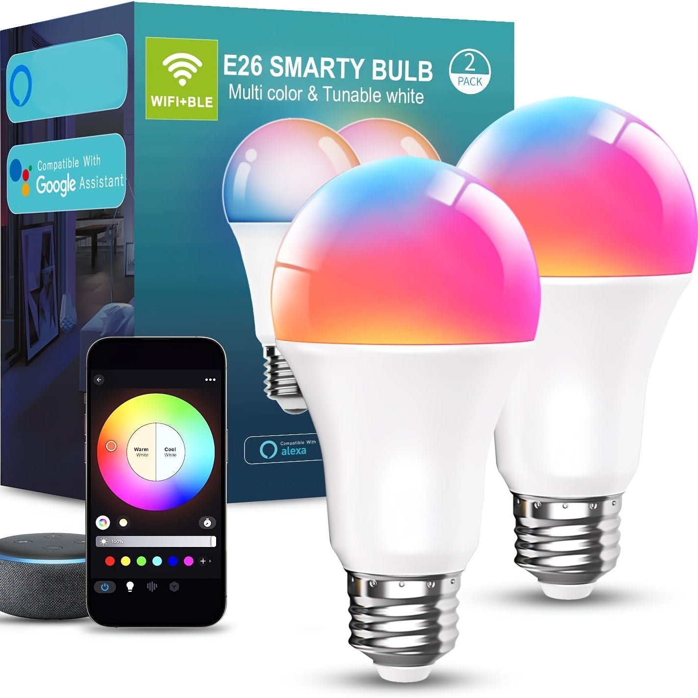 A19 E26 Wi-Fi and Bluetooth Smart Light Bulbs with RGB and White Modes in Two-, Four- or Six-Bulb Packs