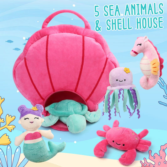 Ocean Stuffed Animals Set 5 Pack Sea Turtle Octopus Mermaid Seahorse Crab Soft Plush Toys with Shell Carrying Bag Gift for Baby Toddlers Kids Birthday Christmas Baby Shower