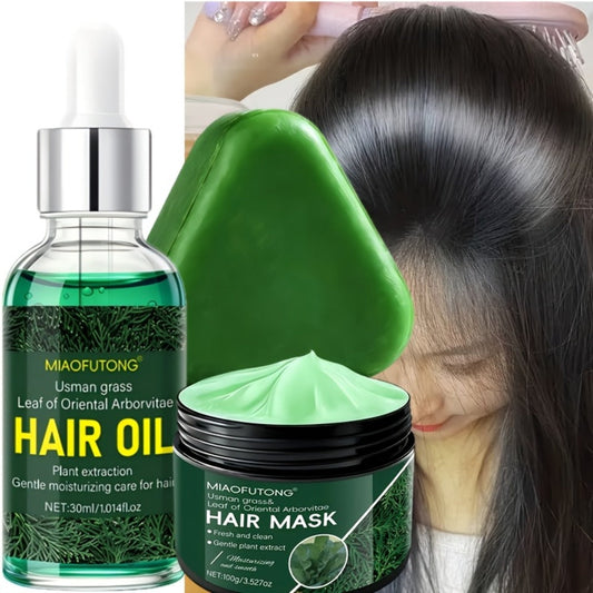Oily Scalp Herbal Hair Care Set 3-Piece — Shampoo Bar 120g + Hair Growth Essence 1.01oz + Deep Conditioning Hair Mask 100g, Natural Scalp Cleansing Nourishing & Strengthening Bundle All Hair Types