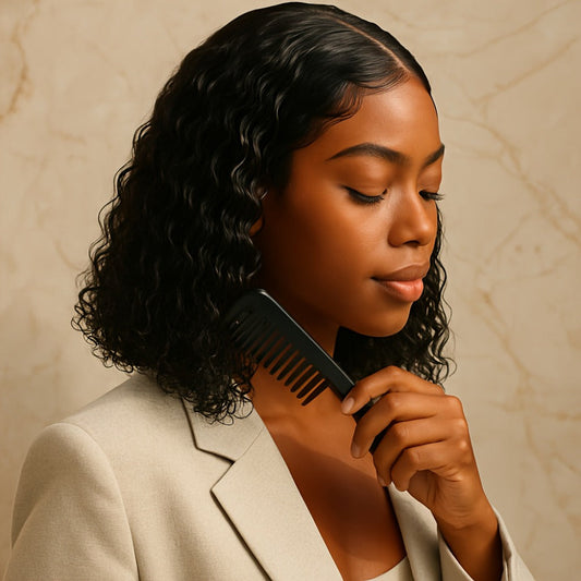 Lace Front Wig Deep-Wave Black 14-Inch Synthetic Style with Glueless Cap, Pre-Plucked Front and Baby Hair