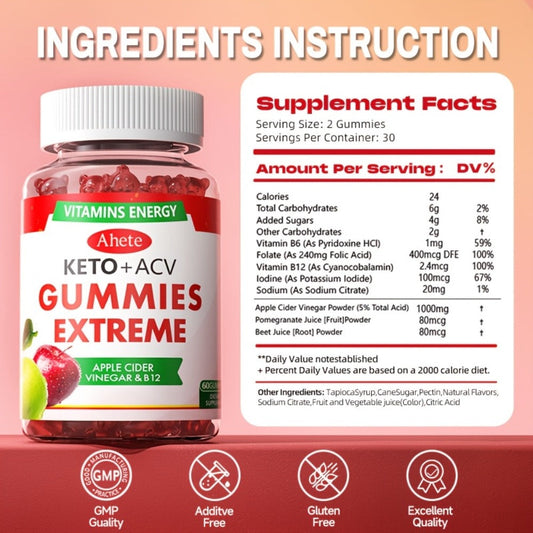 Apple Cider Vinegar Gummies Vegan Keto with Beet Juice & Vitamin B12 — ACV Supplement for Digestion Antioxidant & Metabolism Support Apple Flavour | 60 Gummies 1 or 2 Bottle Options