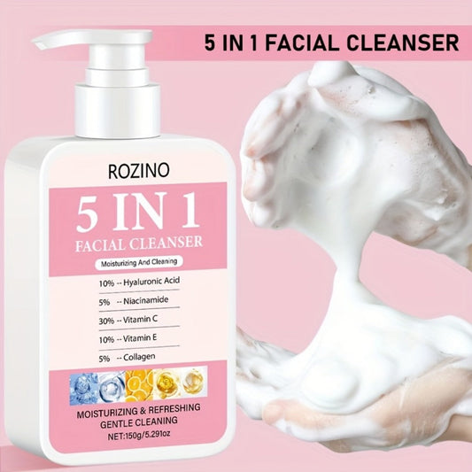 Brightening Face Wash 5-in-1 with Hyaluronic Acid Niacinamide Vitamin C Vitamin E & Collagen - Rich Foam Deep Cleansing Moisturizing Glow Facial Cleanser for Women 150g