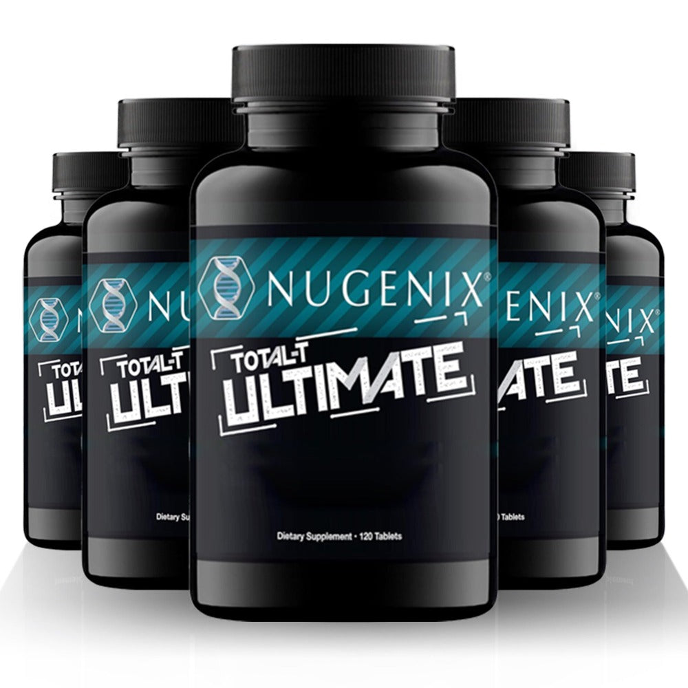 Five-Bottle Botanical Men's Health Supplement Tablet Set with Coordinated Containers and Labels