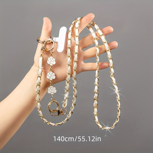 Crossbody Phone Strap Long Chain Pearl Camellia Metal Charm Elegant Lanyard for Women Girls – Clip-On Universal Fit iPhone Samsung Black White 2-5pcs Gift Set