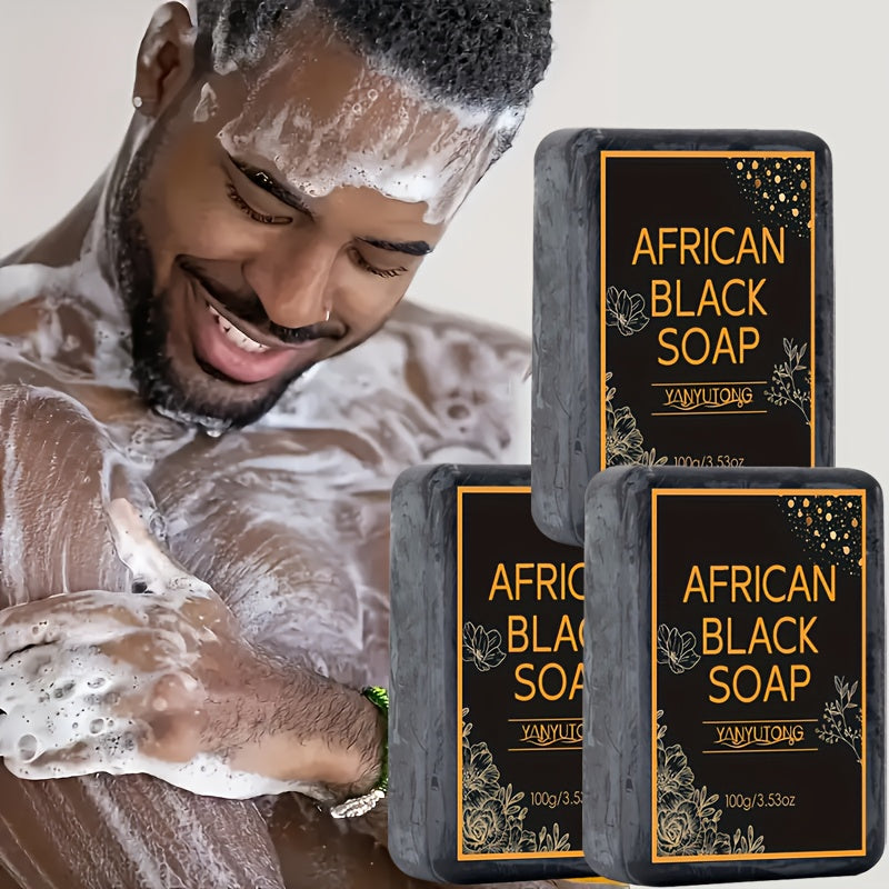 African Black Bar Soap in Three- or Six-Bar Packs with 100g Labels and Coconut, Olive and Shea Ingredients