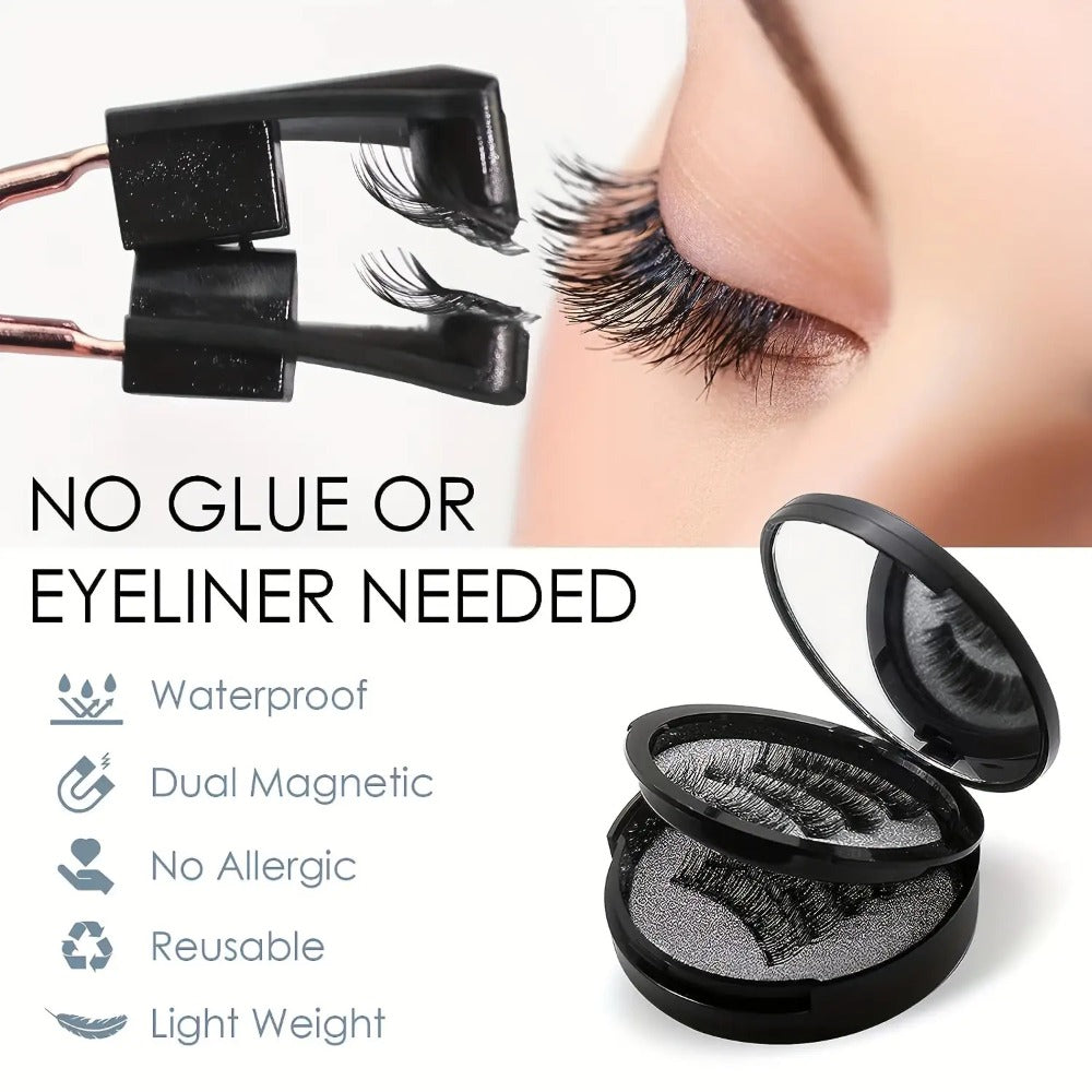 Black Double-Strip Magnetic False Eyelash Set with Round Storage Case and White Applicator