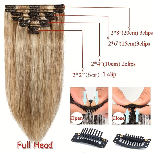 Hair Extensions Straight Remy Human Hair Clip-In Set with Eight Wefts, Highlighted Blonde Colors and 8–24-Inch Lengths