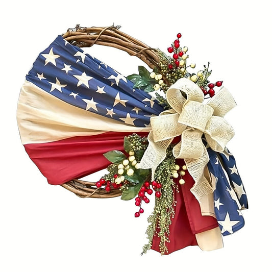 Patriotic 4th of July Door Wreath – Red White & Blue American Flag Wreath with Burlap Bow for Independence Day, Memorial Day & Patriotic Home, Porch & Office Decor
