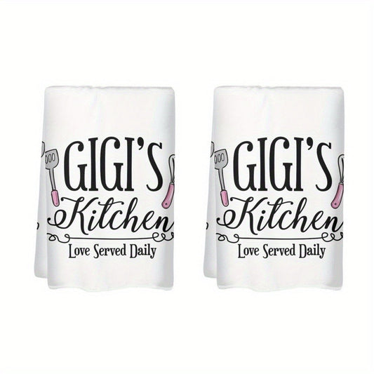 Kitchen Dish Towels 2 Pack 23.6x15.7 Inch - Decorative Hand Towels 370GSM Polyester Cartoon Utensil Graphic Love Served Daily Text Lightweight Soft Absorbent | Home Hotel Restaurant Kitchen Decor Gift
