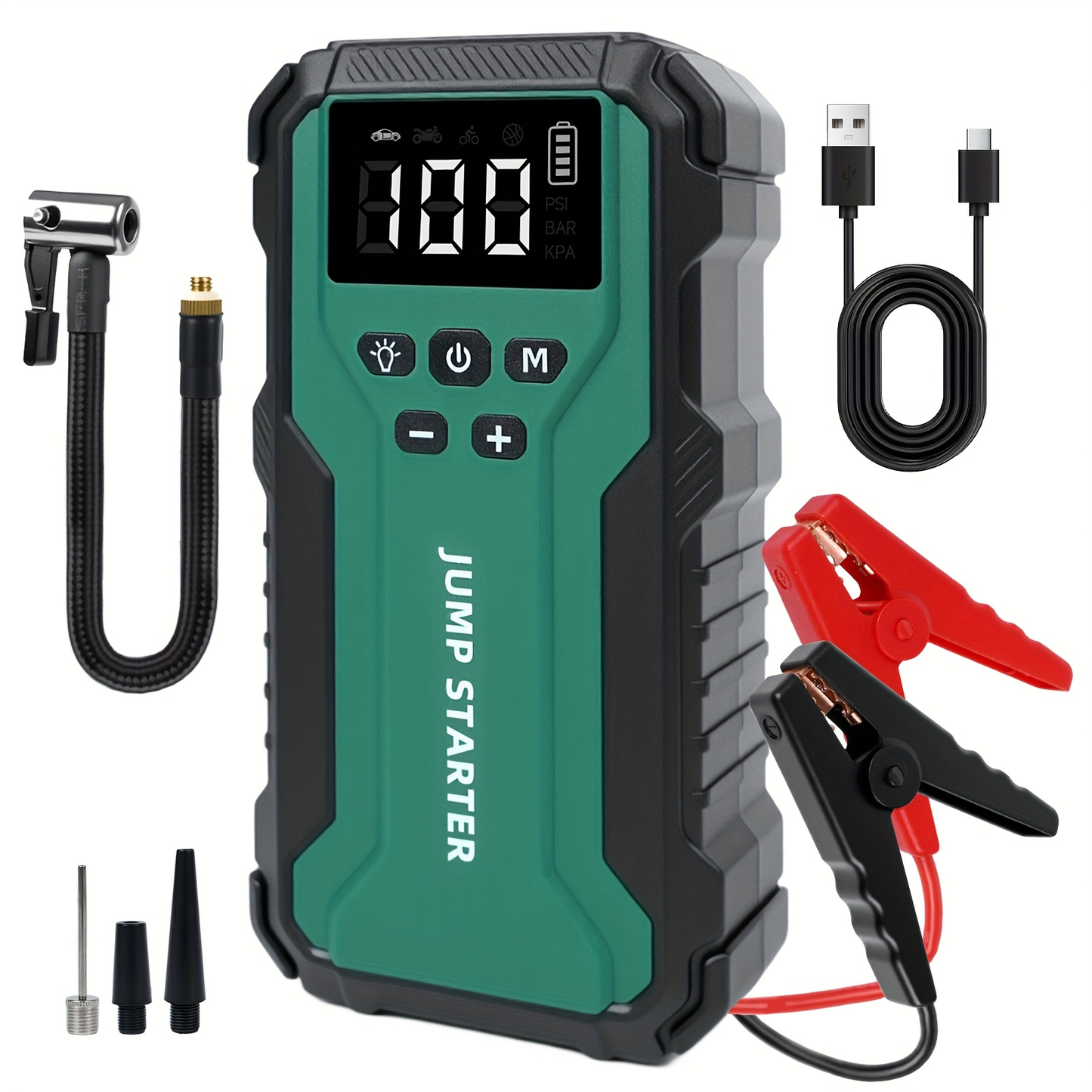 10000A Car Jump Starter with 12V Clamps, LED Light and Optional Integrated Air Pump in Red, Green or Gray