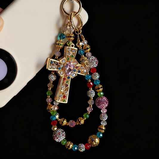 Crystal Cross Phone Chain Keychain Luxury Rhinestone Bling Bag Charm Pendant – Shining Mini Bag Chain Fashion Accessory for Women Colorful Glamour Jewelry Gift
