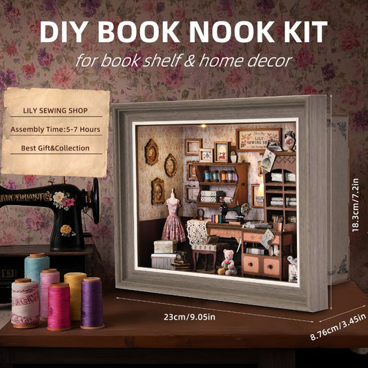 Book Nook Insert Kit DIY 3D Wooden Sewing House Miniature Model Building Set – Bookshelf Decor Craft for Adults Teens, Birthday Christmas Housewarming Gift, Choose Seam House Fireplace or Dwarf Style