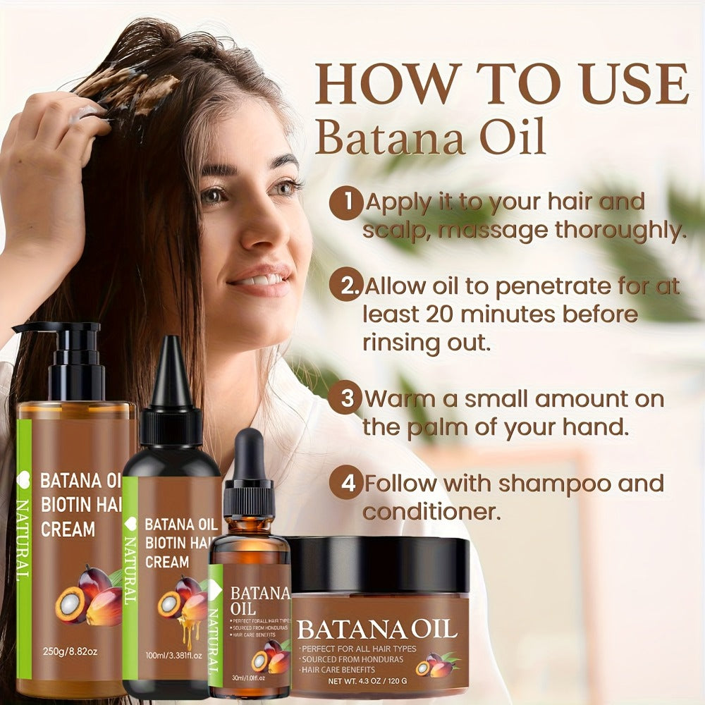 Four-Piece Batana Hair Care Set with Coordinated Oil and Cream Containers in Assorted Sizes