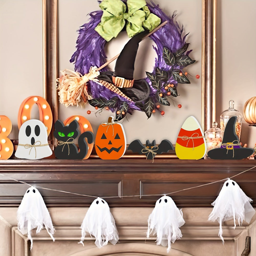 Halloween Wooden Decorations Set of 6 – Freestanding Rustic Table Signs with Pumpkin, Ghost, Bat, Black Cat, Witch Hat & Candy Corn, Farmhouse Tiered Tray & Mantle Decor