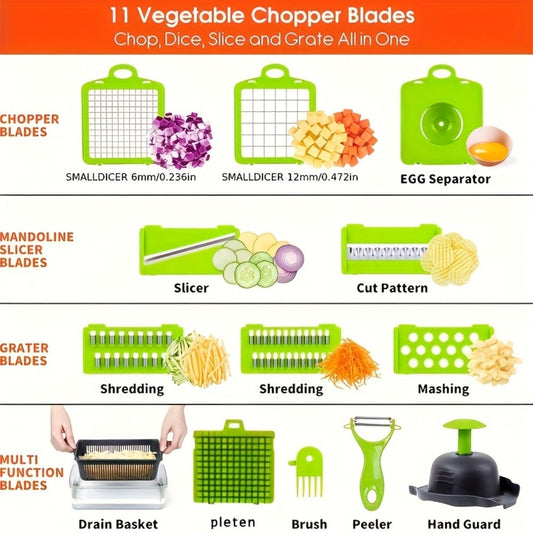 Vegetable Chopper 16-in-1 Multifunctional Food Chopper Slicer & Dicer – Manual Kitchen Chopper with 8 Interchangeable Blades & Container for Fruits, Vegetables & Onions – 1-10L Capacity