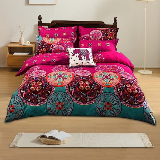 Bohemian Floral Quilt Comforter Set – Soft Microfiber Lightweight Bedding for All Seasons, Twin Queen King – Rose Red, Scarlet & Dark Pink