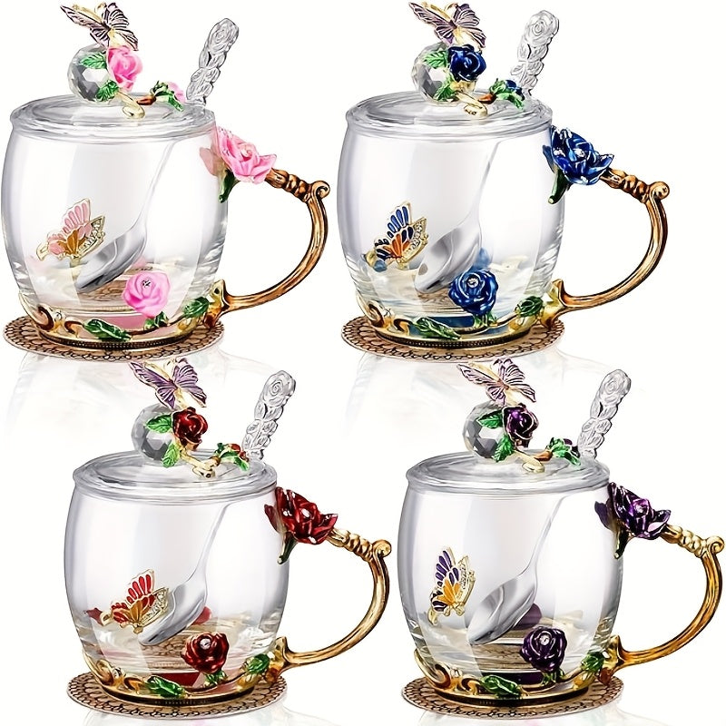 Four-Piece Floral Glass Tea Mug Set with Butterfly Lids, Rose Handles, Spoons and 12-Ounce Option
