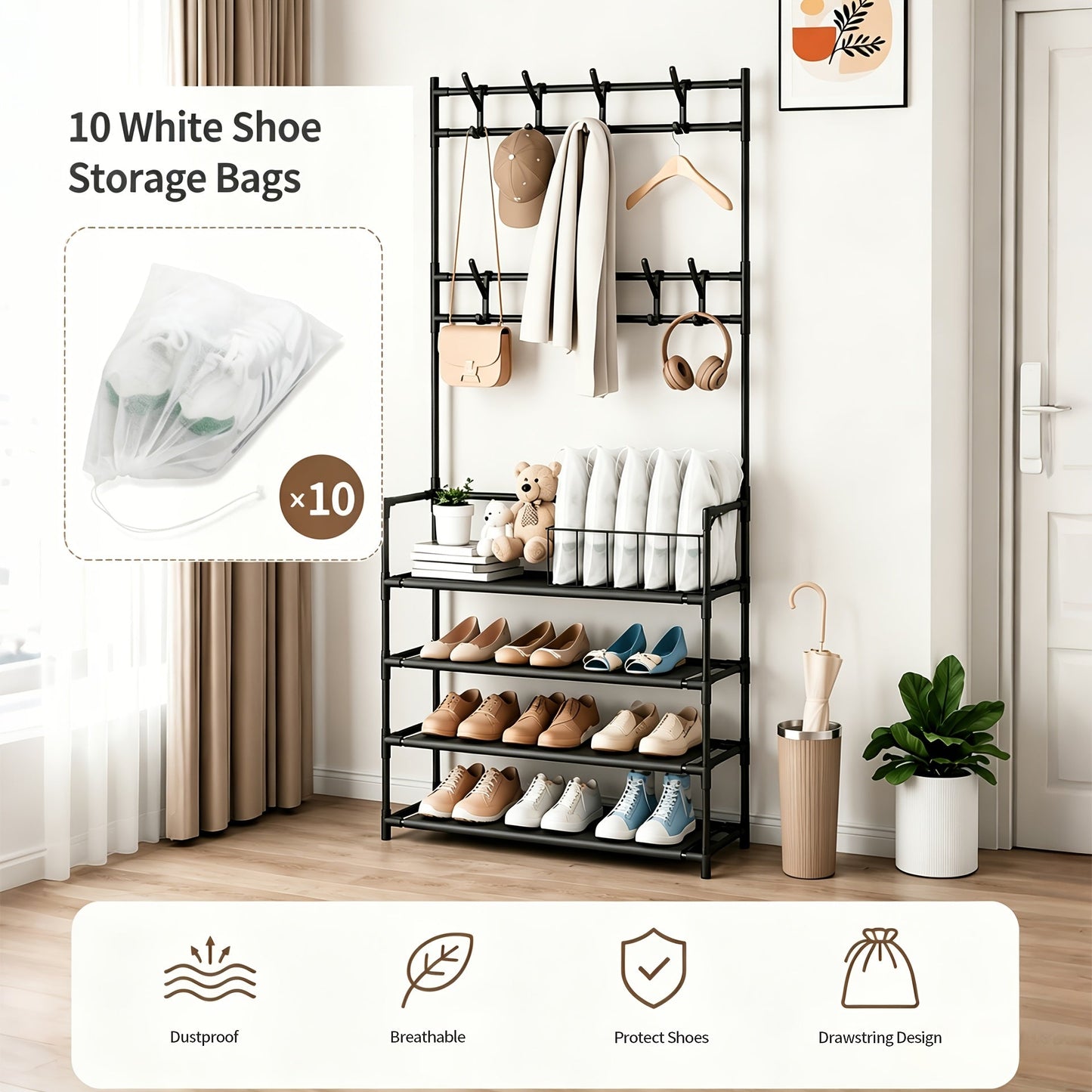 Shoe Rack shown in the Luxury Black, 10 white shoe storage bags + 4-tier shoe rack option