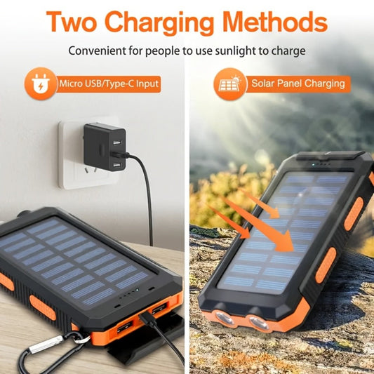Solar Power Bank, 29800mAh Dual-USB 5V Charger with Solar Panel, Dual LED Flashlight, Compass and Eight Color Options