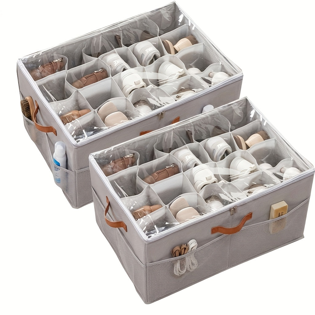 Shoe Storage Box 16-Pair, Clear Foldable Shoe Organizer with Flip-Top Lid & Reinforced Handles — Heavy-Duty Space-Saving Shoe Box for Closet, Bedroom & Entryway | Black & Grey | 1 or 2 Pack