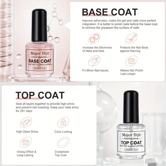 Nail Base Coat and Top Coat Kit — High Gloss Long-Lasting Air Dry Non-Gel Nail Care Set with Nutrient Oil & Drying Agent, Professional Home Manicure Treatment Essentials for Women (15ml / 0.5oz Each)