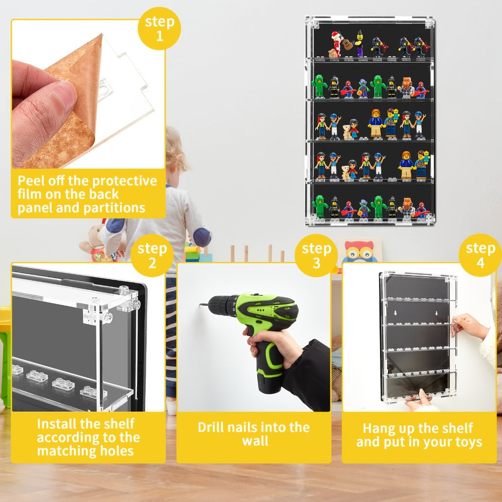 Five-Tier Wall-Mounted Clear Acrylic Figure Display Case with Built-In Stands and Mounting Hardware