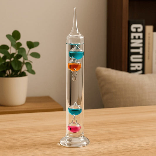 Galileo Thermometer Glass Multicolor Floating Spheres 9.5 Inch Decorative Temperature Display 16°C-28°C for Home Office Desk Science Decor Gift