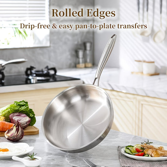 304 Stainless Steel Frying Pan 11 Inch Triply Base – Ergonomic Handle Even Heat Distribution Dishwasher Safe | Induction Compatible Professional Restaurant Grade Skillet 26cm Kitchen Cookware