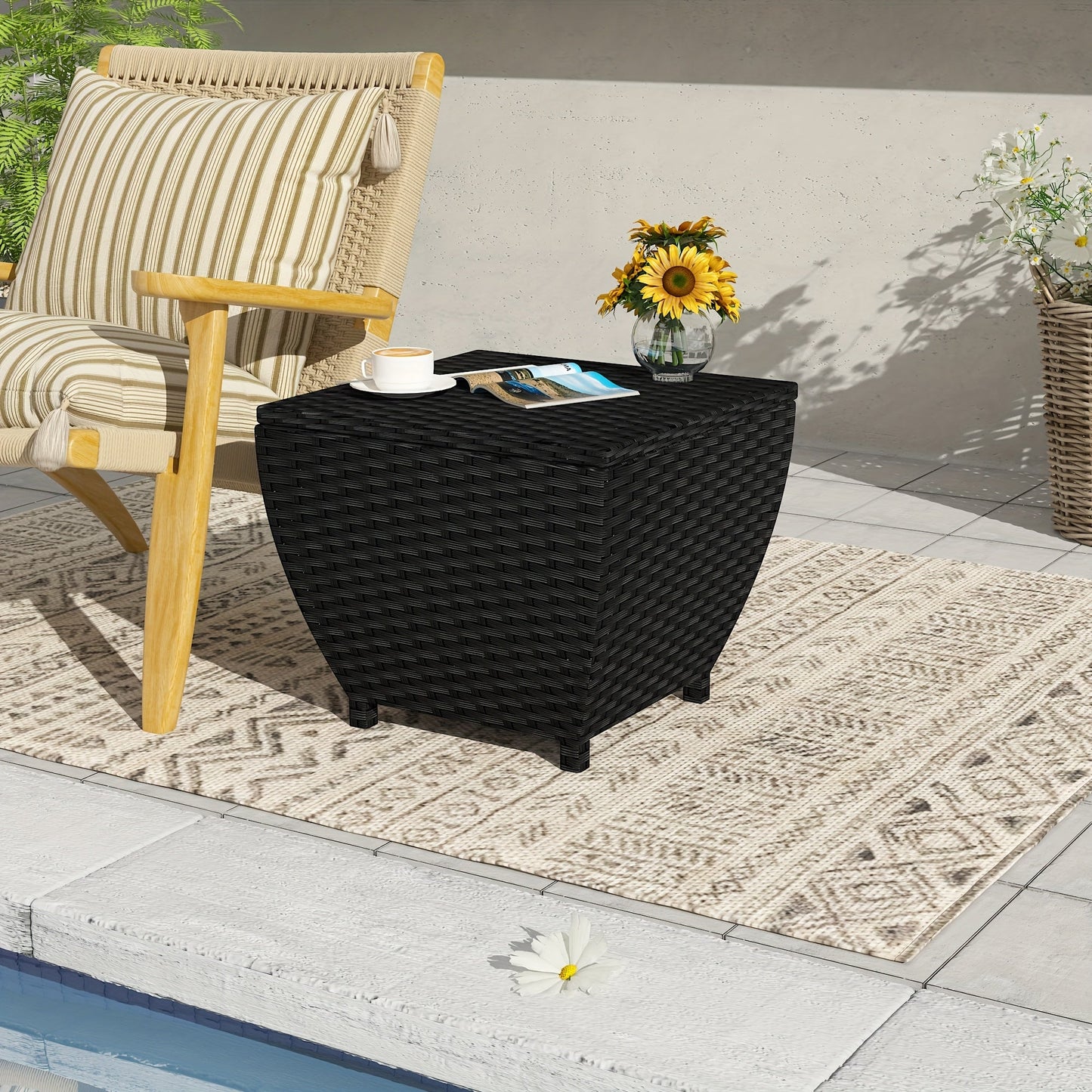 PE Wicker Outdoor Storage Box Side Table, Flip-Top Lid