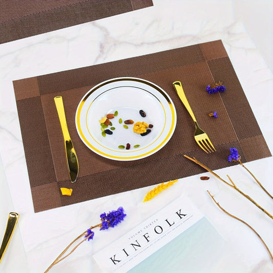 PVC Placemats Set of 6 Heat Resistant Non-Slip Washable Table Mats for Kitchen Dining Table, Easy Clean Vinyl Dinner Mats 11.8x17.7 Inch (Golden, Brown, Silver)