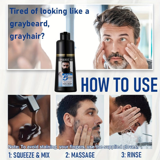 Beard Dye Shampoo for Men 2-in-1 Hair & Beard Grey Coverage Argan Oil No-Mix Formula – Fast 5-20 Min Long-Lasting Natural Color 6.76 oz Mustache Goatee Facial Hair