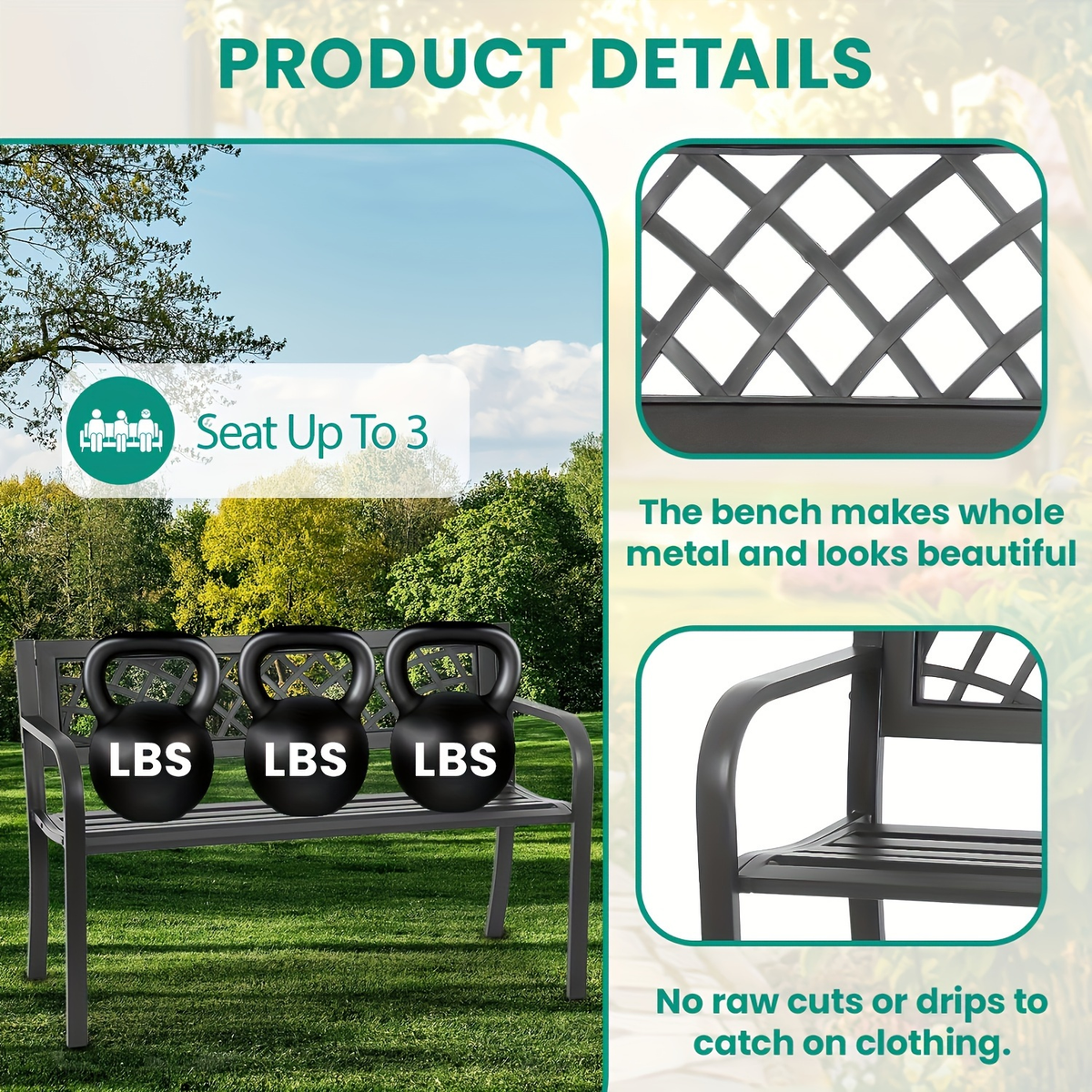 Garden Bench Outdoor Solid Black Metal Frame Patio Seating Park Bench for Backyard Lawn Porch Entryway for Garden, Patio and Yard Use