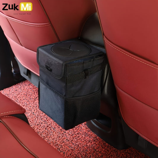 Hanging Car Trash Can with Lid & Storage Pockets - Leak-Proof Polyester Fiber Automotive Garbage Bin for Headrest & Console, Multi-Purpose Vehicle Waste Bag, Black
