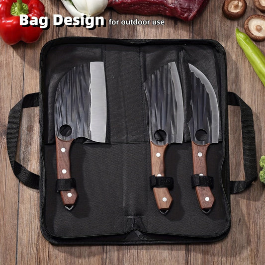 Viking Hand-Forged Butcher Knife Set – High Carbon Steel Meat Cleaver, Boning & Carving Knife, Vegetable Knife for BBQ & Camping, with Carrying Case