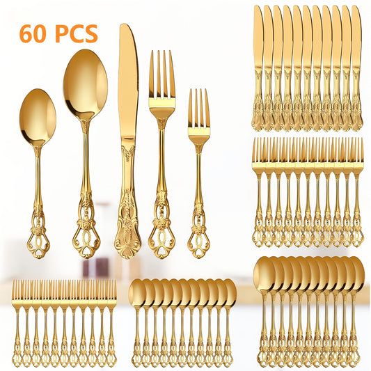 Stainless Steel Flatware Set – Vintage Royal Golden & Silver Silverware Set for 6, Rust-Resistant Dishwasher Safe Cutlery with Forks, Spoons & Knives – Available in 30 / 48 / 60 / 84 Piece Sets