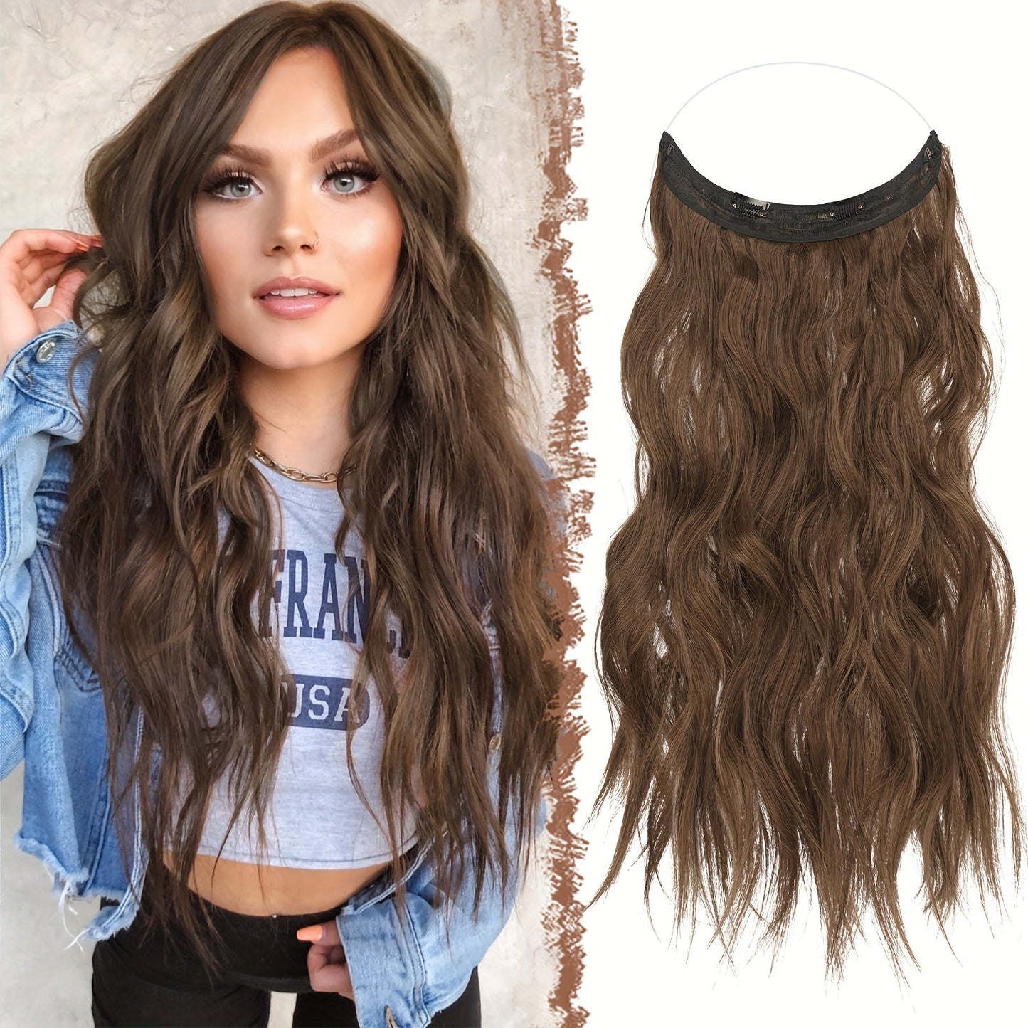 Hair Extensions Wavy 18-Inch Synthetic Halo Weft with Clear Wire, Two Clips and Ten Color Options