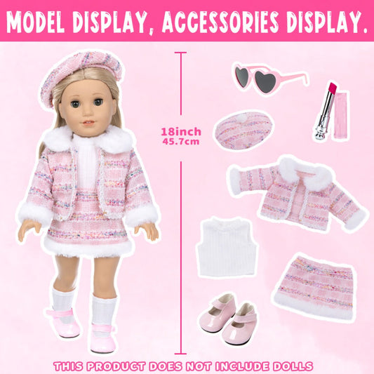18 Inch Doll Knitted Clothes Outfit Set with Hat Jacket Skirt Shoes Socks Sunglasses Lipstick – Complete Baby Doll Accessories for 16-18 Inch Dolls Playing House Gift for Girls Birthday Christmas
