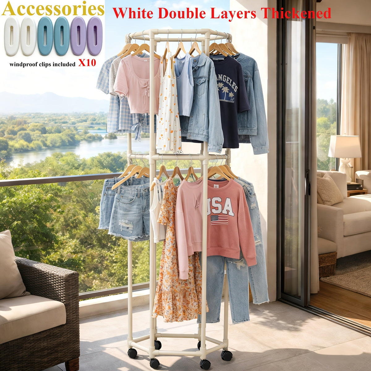 Rolling Hexagon Clothes Drying Rack 1 or 2 Layer, Sturdy Metal Floor Stand with Wheels, Multi-Bar & 10 Clips